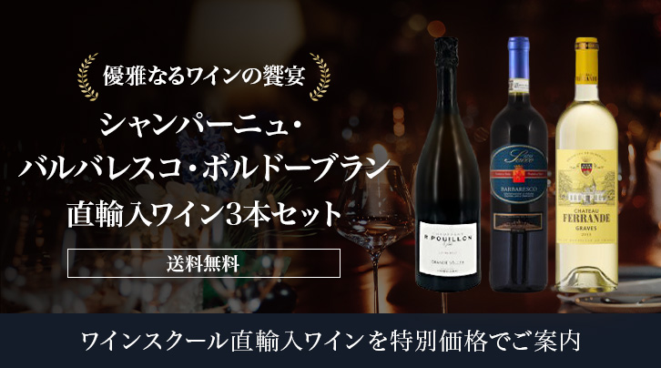 優雅なるワインの饗宴 シャンパーニュ・バルバレスコ・ボルドーブラン直輸入ワイン3本セット 送料無料 ワインスクール直輸入ワインを特別価格でご案内