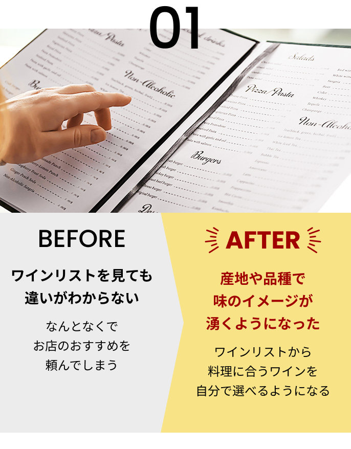 01 [BEFORE]ワインリストを見ても違いがわからない なんとなくでお店のおすすめを頼んでしまう [AFTER]産地や品種で味のイメージが湧くようになった ワインリストから料理に合うワインを自分で選べるようになる
