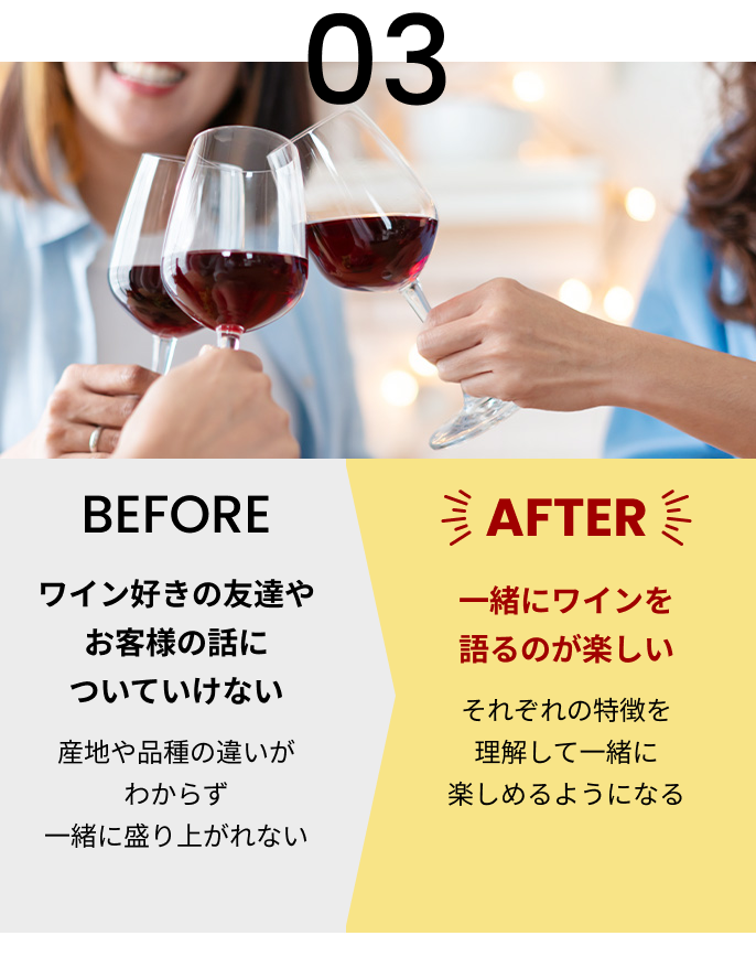 03 [BEFORE]ワイン好きの友達やお客様の話についていけない 産地や品種の違いがわからず一緒に盛り上がれない [AFTER]一緒にワインを語るのが楽しい それぞれの特徴を理解して一緒に楽しめるようになる
