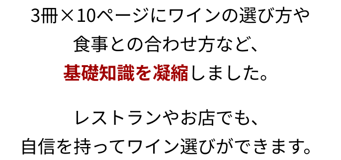 3冊×10ページにワインの選び方や食事との合わせ方など、基礎知識を凝縮しました。レストランやお店でも、自信を持ってワイン選びができます。