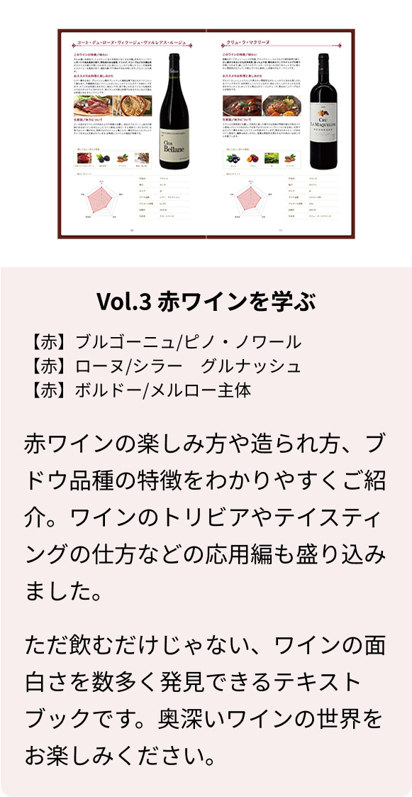 Vol.3 赤ワインを学ぶ 【赤】ブルゴーニュ/ピノ・ノワール 【赤】ローヌ/シラー グルナッシュ 【赤】ボルドー/メルロー主体 赤ワインの楽しみ方や造られ方、ブドウ品種の特徴をわかりやすくご紹介。ワインのトリビアやテイスティングの仕方などの応用編も盛り込みました。 ただ飲むだけじゃない、ワインの面白さを数多く発見できるテキストブックです。奥深いワインの世界をお楽しみください。