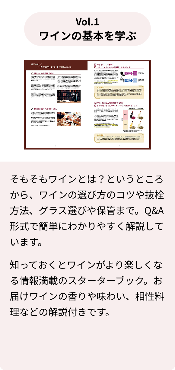 Vol.1 ワインの基本を学ぶ そもそもワインとは？というところから、ワインの選び方のコツや抜栓方法、グラス選びや保管まで。Q&A形式で簡単にわかりやすく解説しています。 知っておくとワインがより楽しくなる情報満載のスターターブック。お届けワインの香りや味わい、相性料理などの解説付きです。